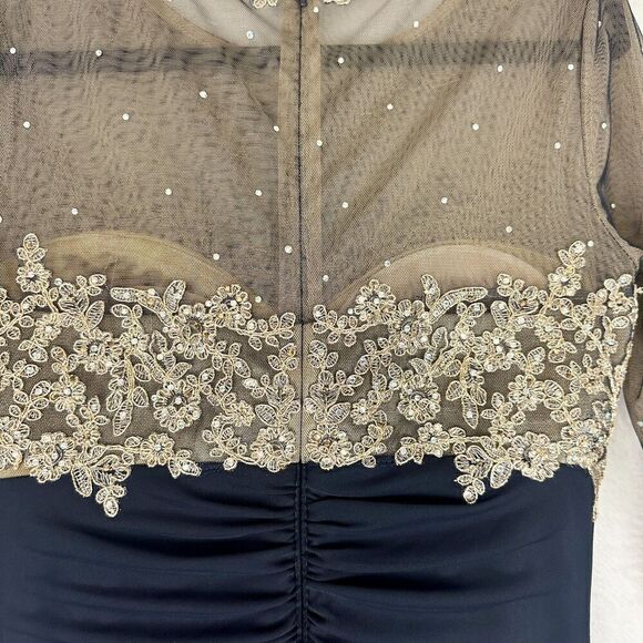 Xscape Noah Illusion Long Sleeve Lace Matte Jersey Gown Ruched Size 6 Navy Gold - Picture 13 of 16